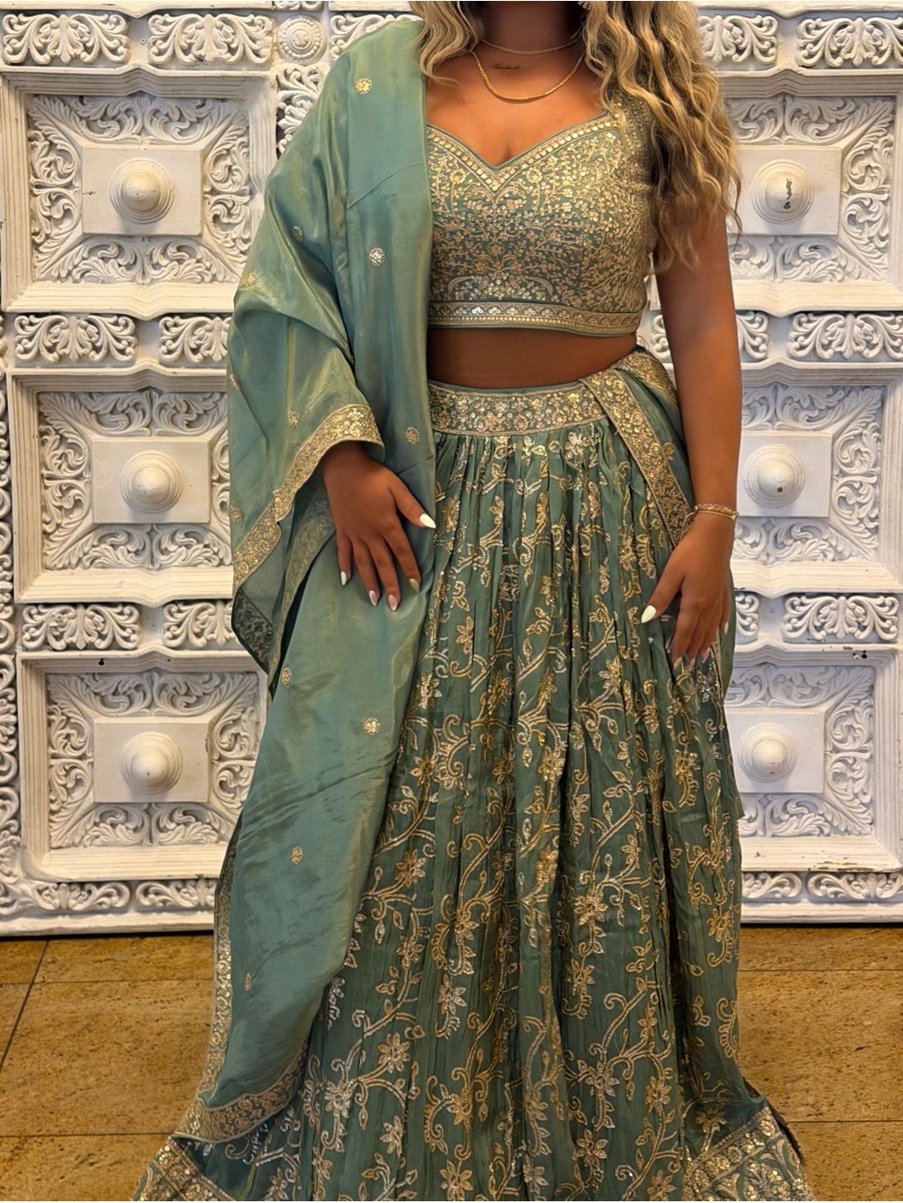 Embroidered Sage Green Women’s Lehenga Skirt Set
